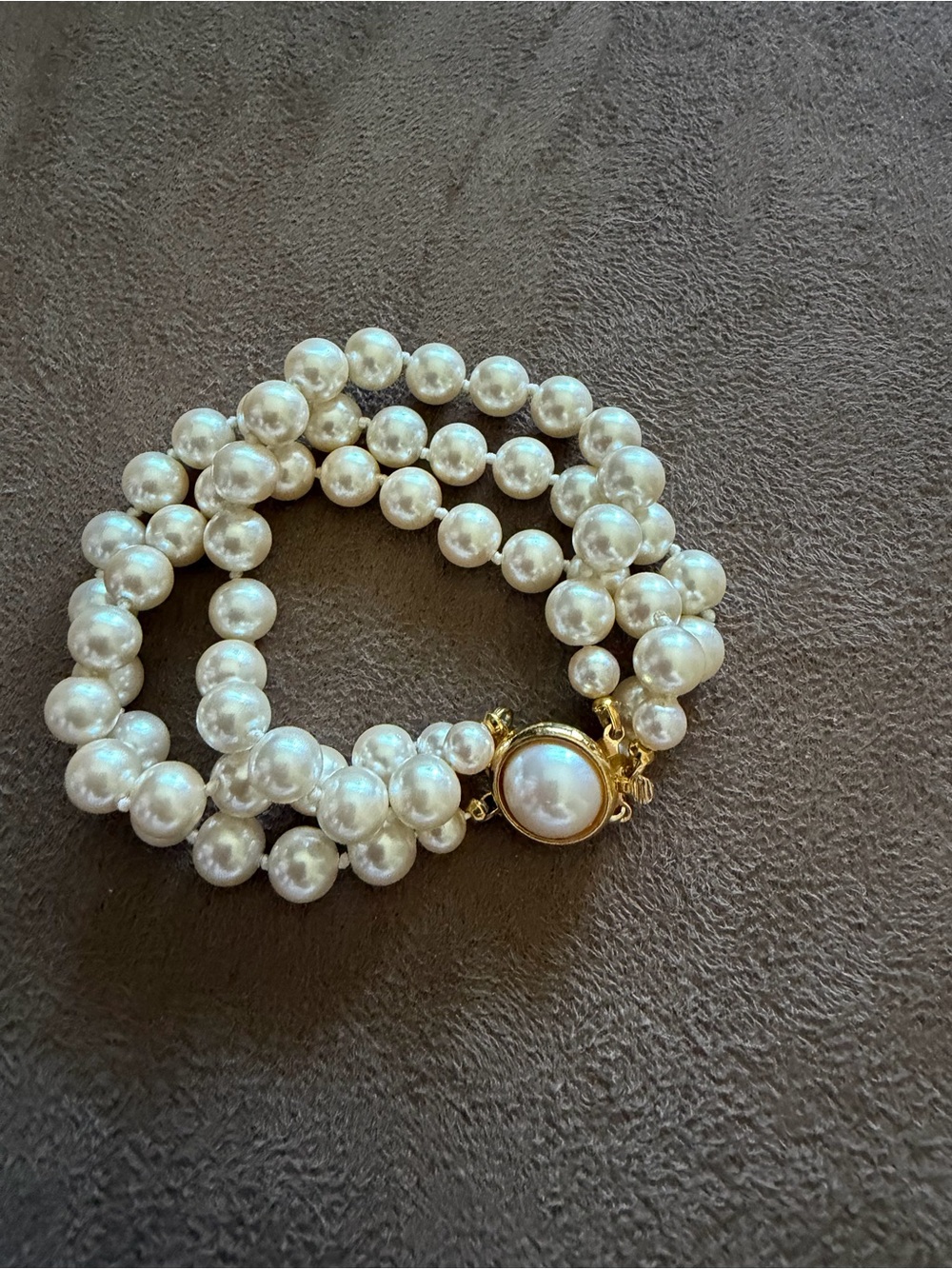 Classic White Pearl Triple-Row Bracelet with Gold Clasp